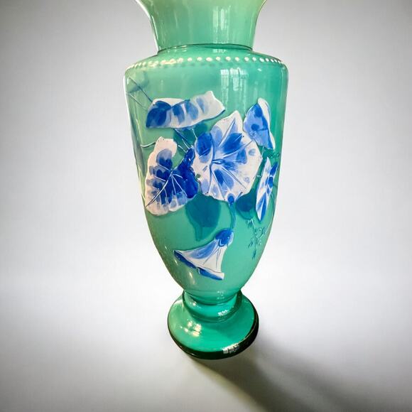 Antique Uranium Harrach Bohemian Hand Enameled Vase-Teal-Aqua-Turquoise-Glass - Picture 4 of 10